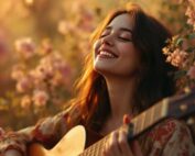 Girl playing guitar calming music for mindfulness