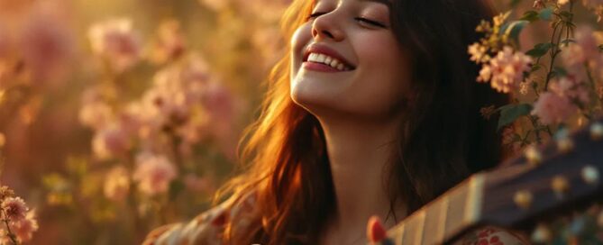 Girl playing guitar calming music for mindfulness