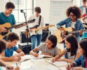 Group of children learning songwriting