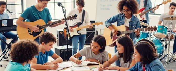 Group of children learning songwriting